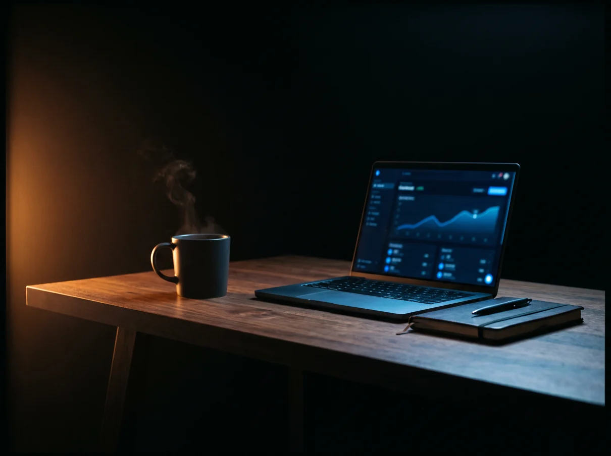 A desk at night: a laptop running an AI dashboard beside a notebook and a mug