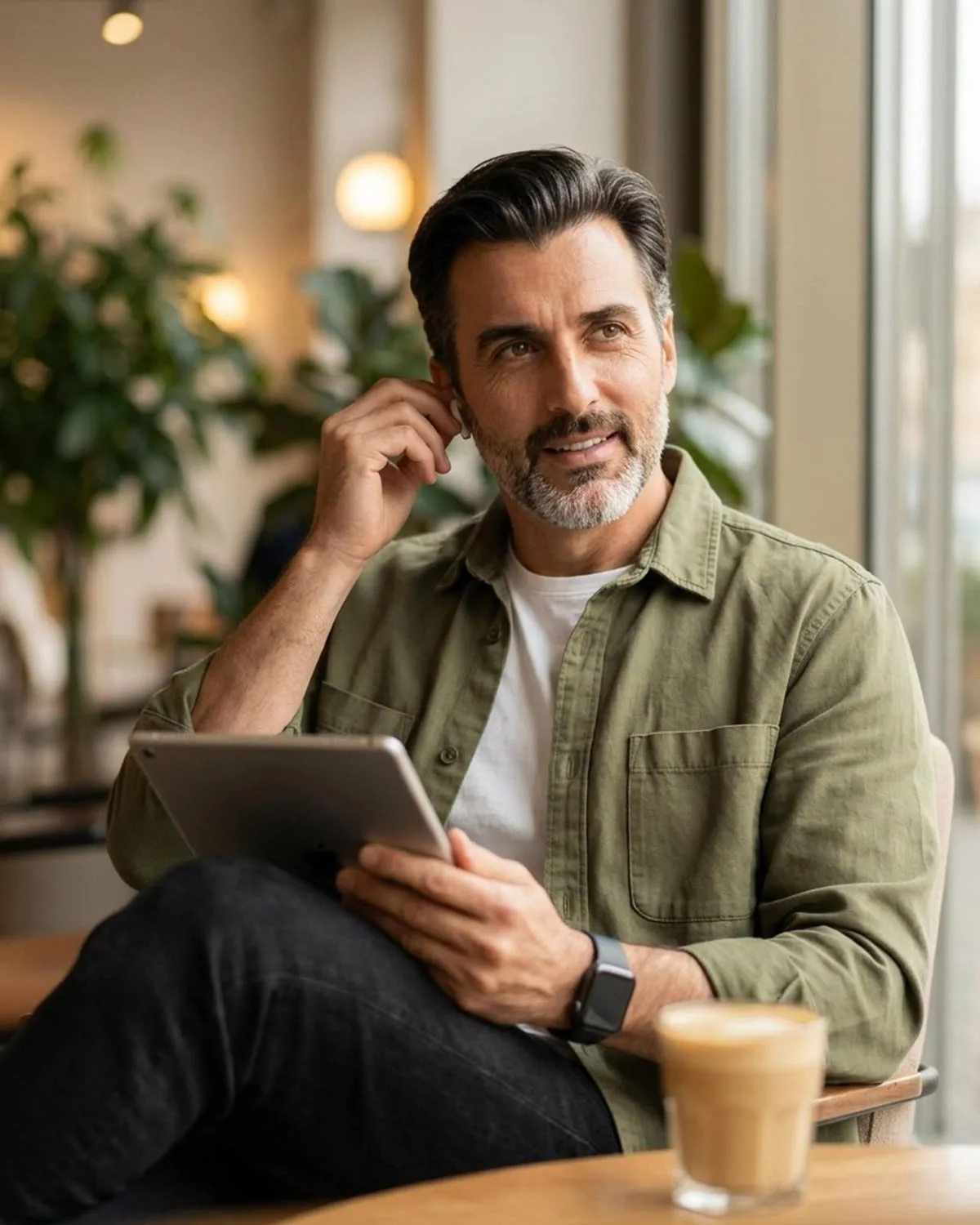 A business owner reviewing his day on a tablet in a cafe