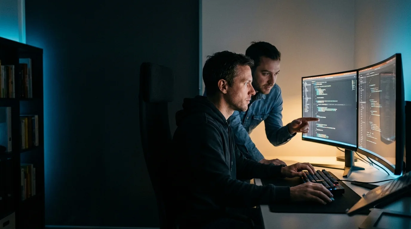Engineers building the system together at a screen