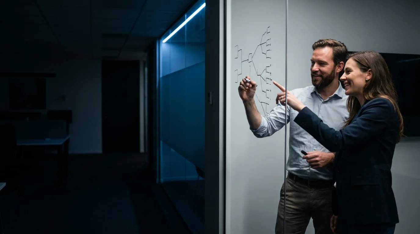 Two people mapping a workflow on a glass whiteboard